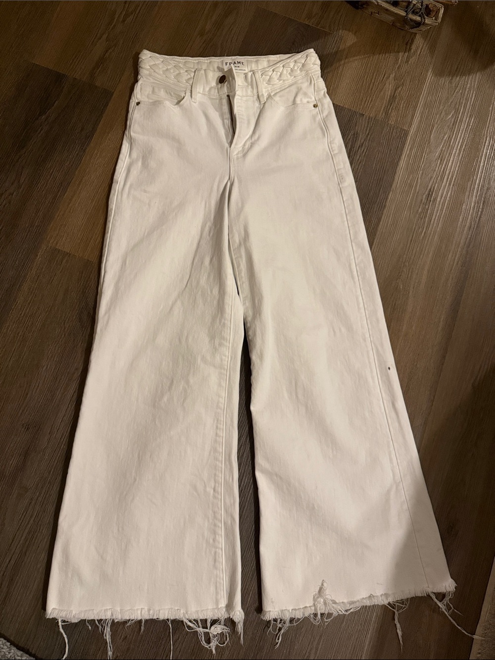 Frame Denim White Wide-Leg Jeans with Braided Waistband